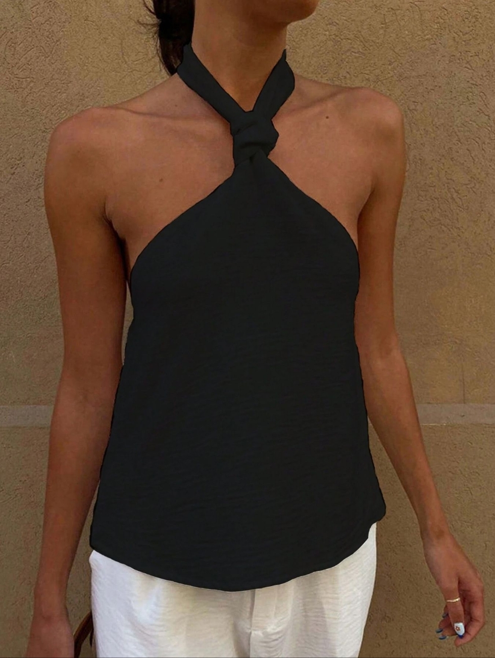 Women's Black Knotted Halter Top